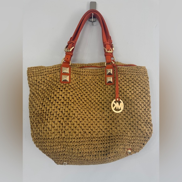 Michael Kors Handbags - Michael Kors women’s tan straw beach shoulder tote bag with orange leather strap